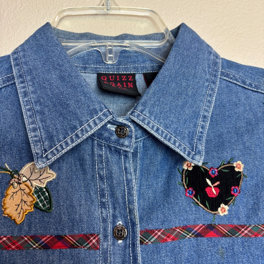 Cottagecore Denim Button Top Womens Medium M Blue Patchwork Folk Art Vintage 90s - Picture 4 of 11